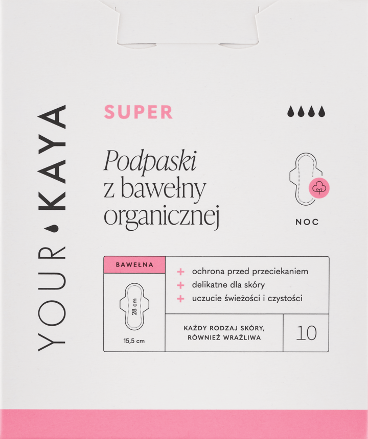 YOUR KAYA, podpaski higieniczne, z bawełny organicznej, na noc, 10 szt.