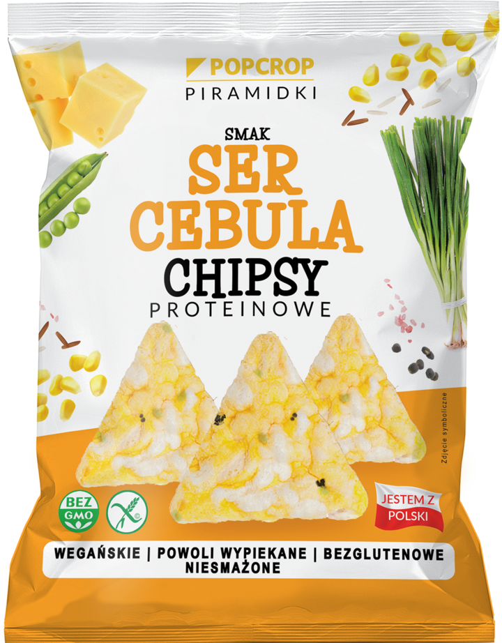 POP CROP, Piramidki, chipsy proteinowe, wegański ser i cebula, bezglutenowe, 60 g