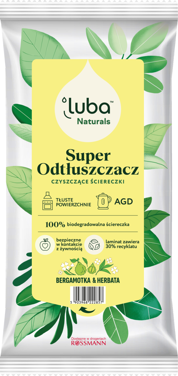 LUBA, Naturals, ściereczki czyszczące, Super Odtłuszczacz, Bergamotka & Herbata, 40 szt.
