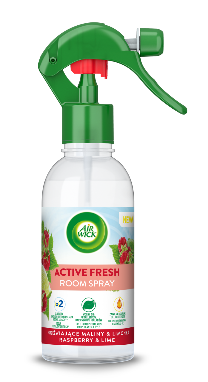 AIR WICK, Active Fresh, odświeżacz powietrza w spray'u, Orzeźwiające Maliny&Limonka, 237 ml