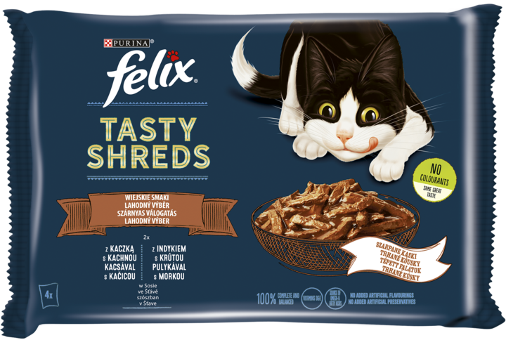 PURINA FELIX, Tasty Shreds, karma pełnoporcjowa mokra dla dorosłych kotów, z kaczką, 4 x 80 g