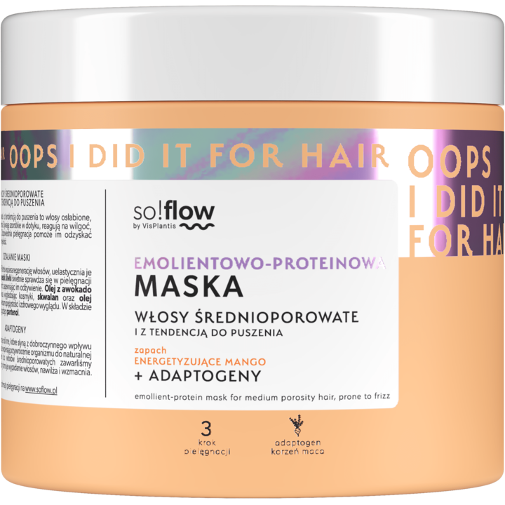 SO!FLOW BY VIS PLANTIS, maska do włosów średnioporowatych, emolientowo-proteinowa, zapach energetyzujące Mango, 400 ml