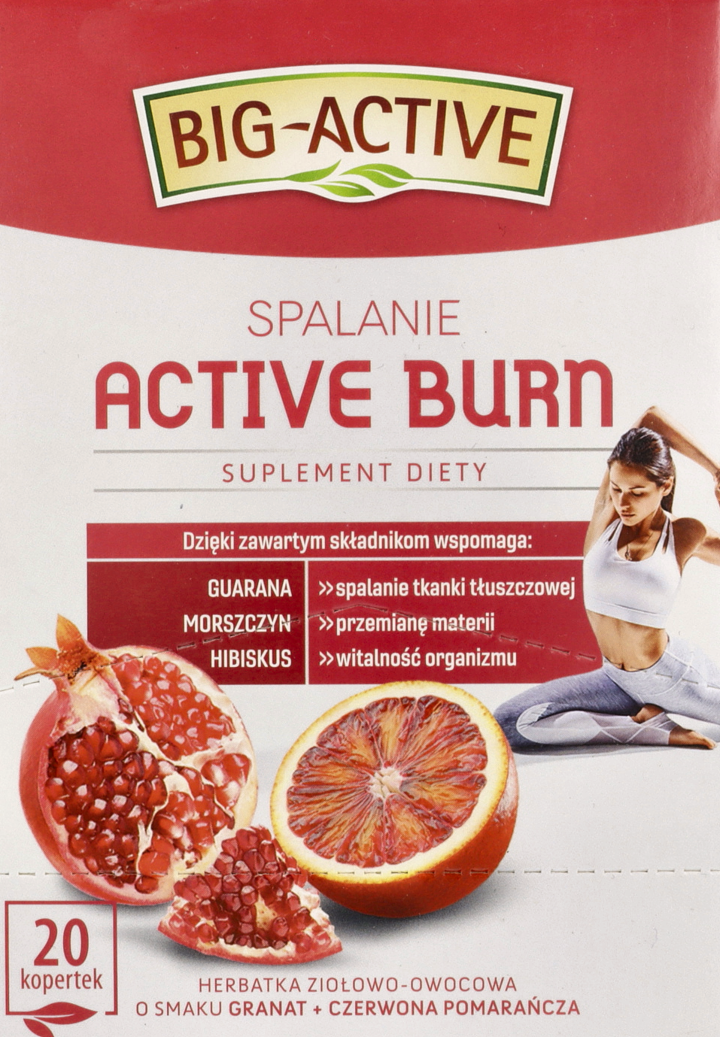 BIG-ACTIVE, Active Burn, herbata owocowo-ziołowa, ekspresowa, Granat & Czerwona Pomarańcza, suplement diety, 20x2 g