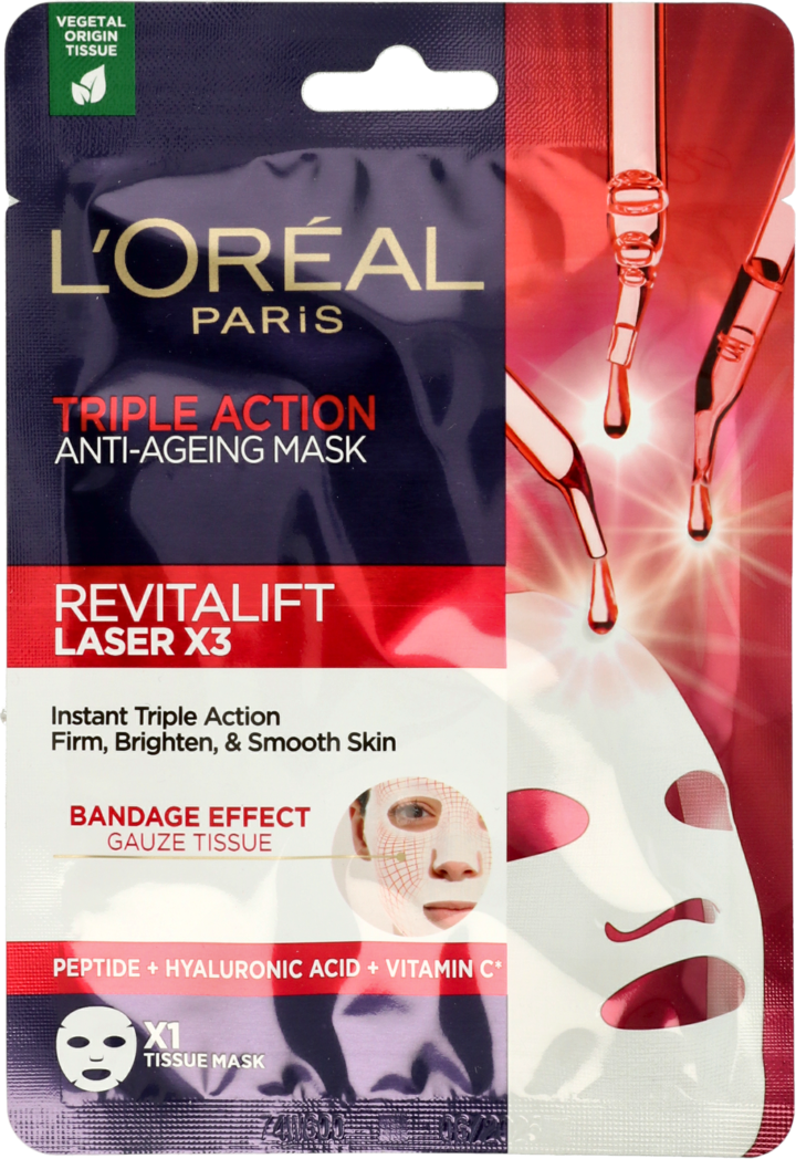 L'ORÉAL PARIS, Revitalift Laser X3, maska w płachcie, przeciwzmarszczkowa, Triple Action, 28 g