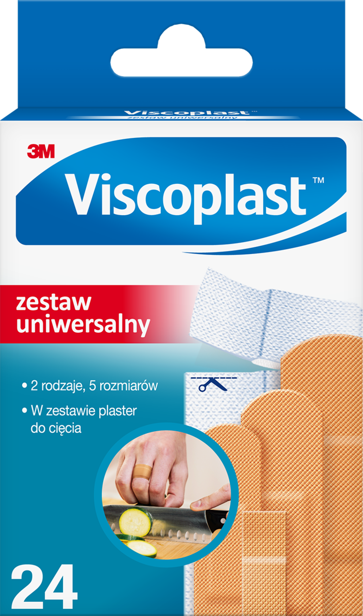 3M VISCOPLAST, Zestaw Uniwersalny, plastry z opatrunkiem, wodoodporne, różne rozmiary + miękki do cięcia, 24 szt.