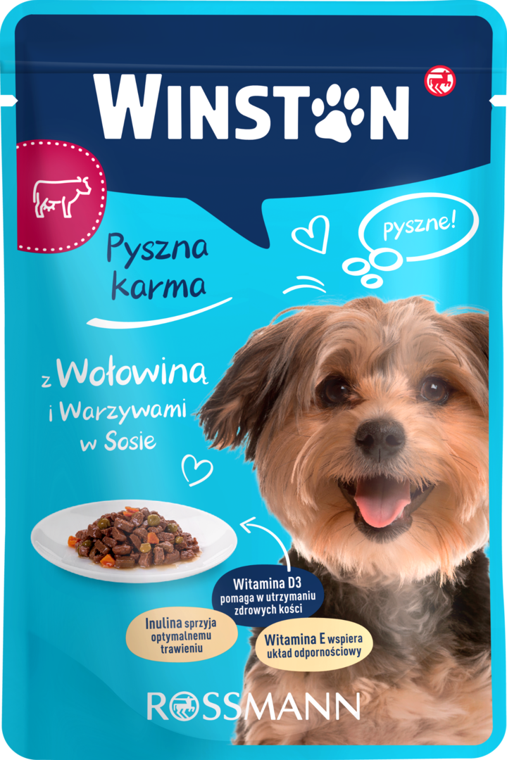 WINSTON, Pyszna karma, karma pełnoporcjowa mokra dla dorosłych psów, z wołowiną i warzywami w sosie, 100 g