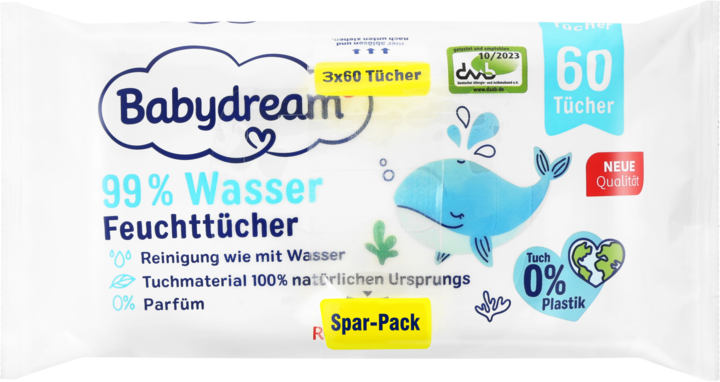 BABYDREAM, chusteczki nawilżane, 99% wody, 3 x 60 szt.
