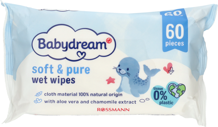 BABYDREAM, Soft&Pure, chusteczki nawilżane, dla niemowląt, 60 szt.
