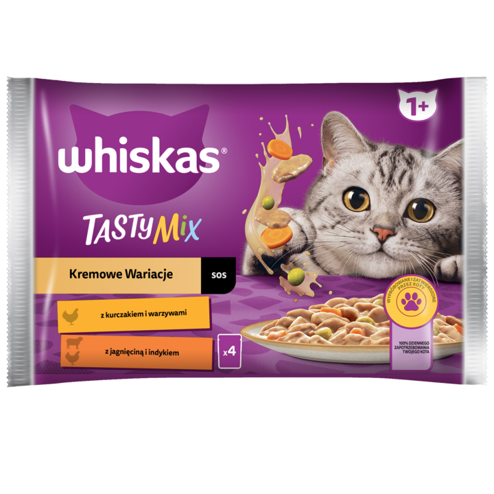 WHISKAS, Tasty Mix, mokra karma pełnoporcjowa dla dorosłych kotów, kurczak i warzywa, jagnięcina i indyk, 4x85 g