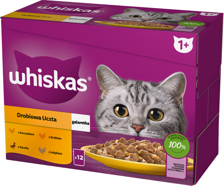 WHISKAS, Adult, karma pełnoporcjowa mokra dla dorosłych kotów, Drobiowa Uczta, 12x85 g