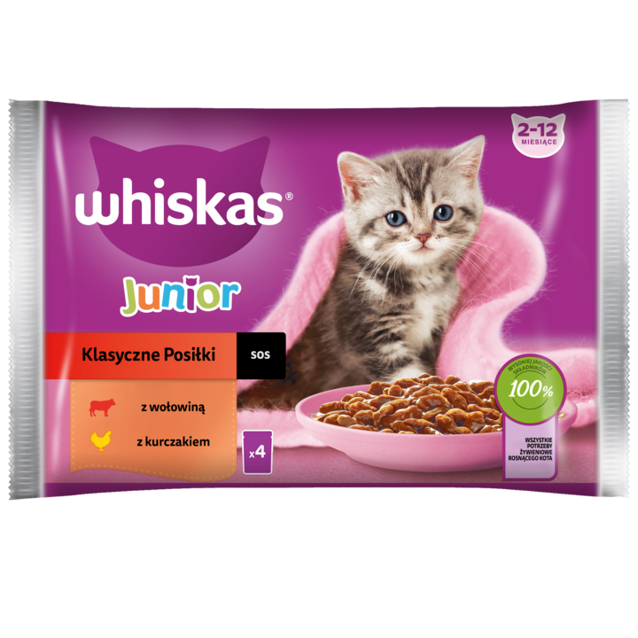 WHISKAS, Junior, karma pełnoporcjowa mokra dla kociąt, Klasyczne posiłki, 2 x Wołowina, 2 x Kurczak, w sosie, 340 g