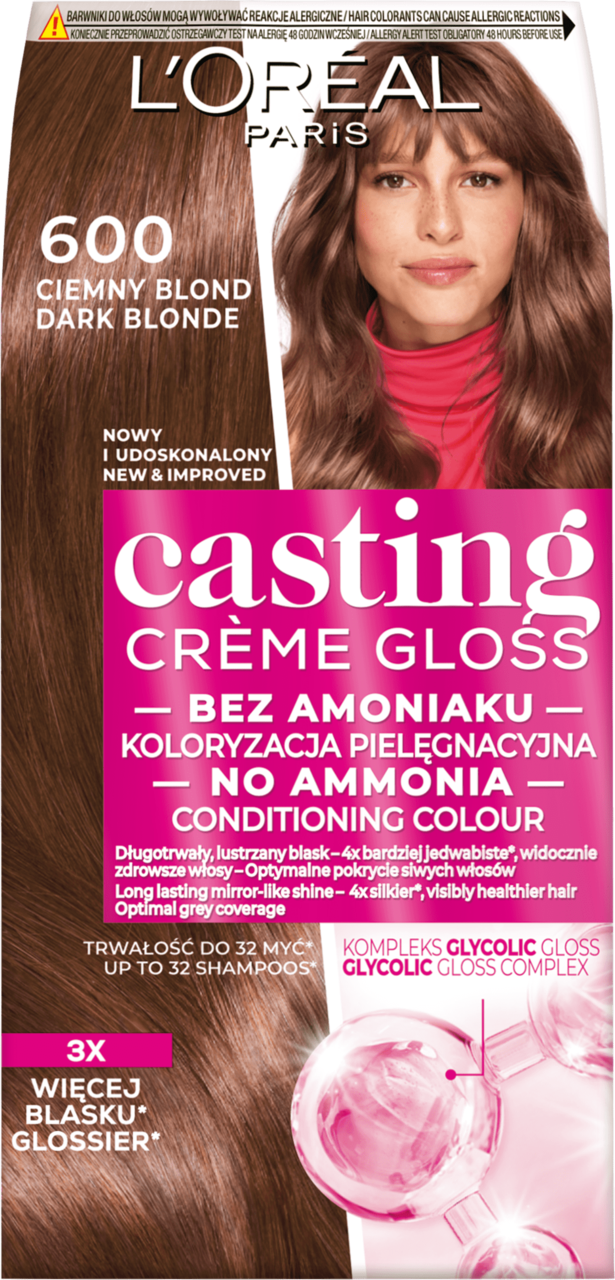 L'ORÉAL PARIS CASTING CREME GLOSS, farba do włosów, półtrwała, nr 600 Ciemny Blond, 1 szt.
