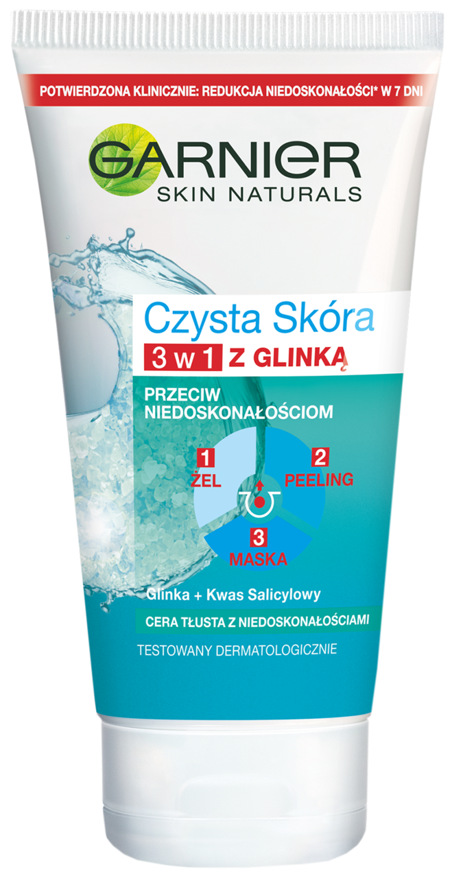 GARNIER, Skin Naturals Czysta Skóra, żel+peeling+maska, 3w1, przeciw niedoskonałościom, 150 ml
