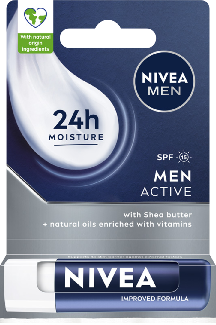 NIVEA MEN, Men Active, pomadka do ust, pielęgnacyjna, 24h nawilżenia, SPF 15;, 4,8 g