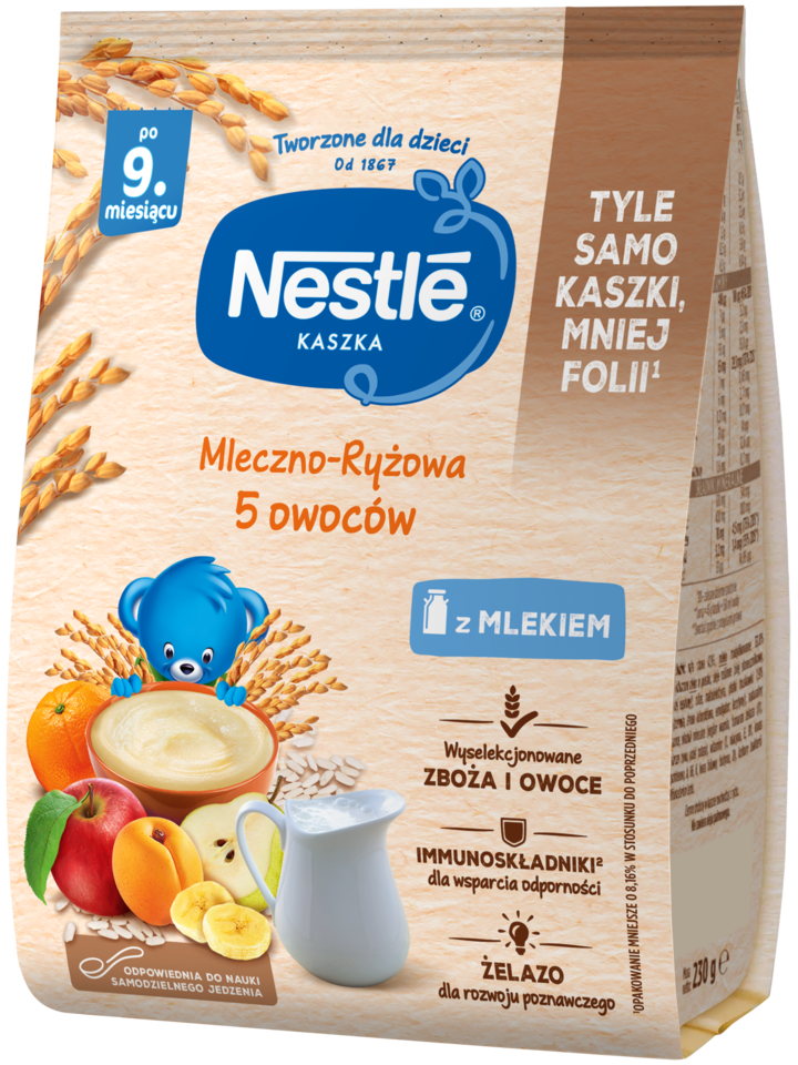 NESTLÉ, kaszka mleczno-ryżowa, 5 owoców, po 9.m-cu, 230 g
