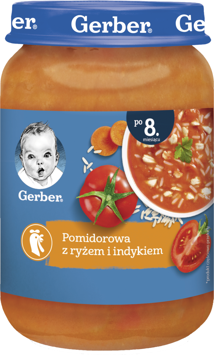 GERBER, danie w słoiczku, Pomidorowa z ryżem i indykiem, po 8. m-cu życia, 190 g