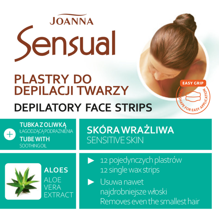 JOANNA, Sensual, plastry do depilacji twarzy z woskiem i z aloesem, skóra wrażliwa, 12 szt.