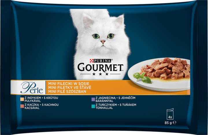 PURINA GOURMET, Perle, karma pełnoporcjowa mokra dla dorosłych kotów, Mini fileciki w sosie, 4x85 g