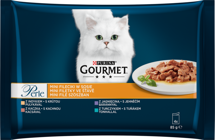 PURINA GOURMET, Perle, karma pełnoporcjowa mokra dla dorosłych kotów, Mini fileciki w sosie, 4x85 g