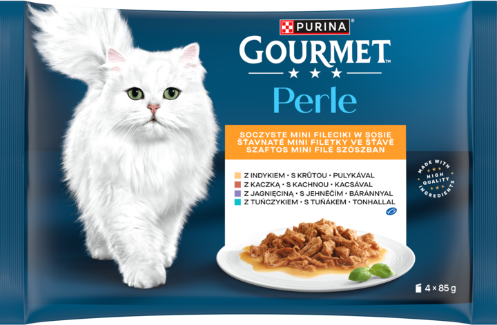 PURINA GOURMET, Perle, karma pełnoporcjowa mokra dla dorosłych kotów, Soczyste Mini Fileciki, w Sosie, 4x85 g