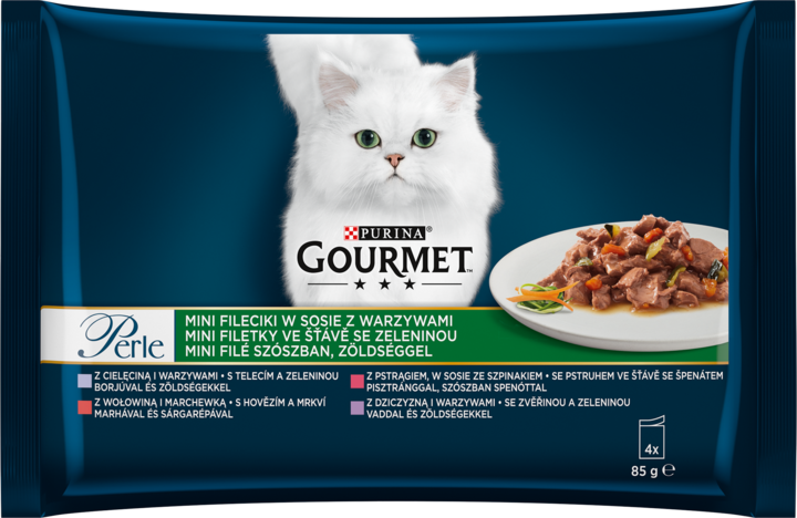 PURINA GOURMET, Perle, karma pełnoporcjowa mokra dla dorosłych kotów, Mini fileciki z warzywami w sosie, 4 x 85 g