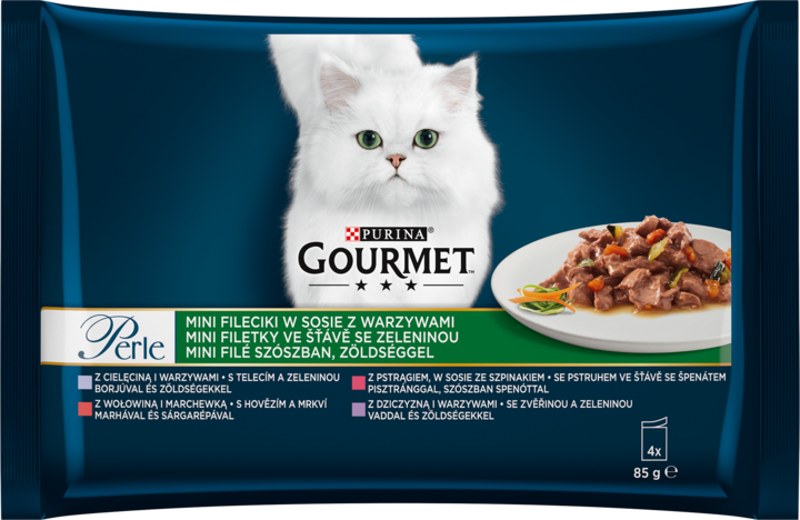 PURINA GOURMET, Perle, karma pełnoporcjowa mokra dla dorosłych kotów, Mini fileciki z warzywami w sosie, 4 x 85 g