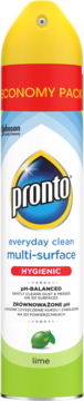 Pronto multi-surface lime aerosol cleaner can, yellow cap, red band, white body, front view.