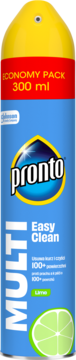 Pronto Multi Easy Clean, spray przeciw kurzowi, niebieska puszka 300 ml z żółtą górą i limonką.