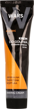 Wars Classic krem do golenia w czarno-pomarańczowej tubce, widok z przodu, z napisem Shaving Cream.