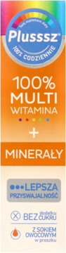 Pomarańczowe opakowanie suplementu Plusssz Multi Witamina + Minerały, z napisem "bez cukru".