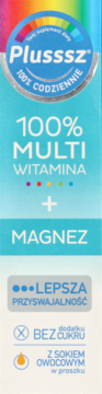 Pionowe, niebieskie opakowanie Plusssz Multi Witamina + Magnez, z tęczowym łukiem, bez cukru, z sokiem.