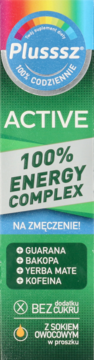 Plusssz Active Energy Complex, zielone opakowanie z niebieskim logo, na zmęczenie, z guaraną i kofeiną.