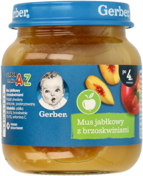 Gerber Mus jabłkowy z brzoskwiniami w szklanym słoiku, z niebieską nakrętką, dla niemowląt po 4 miesiącu.
