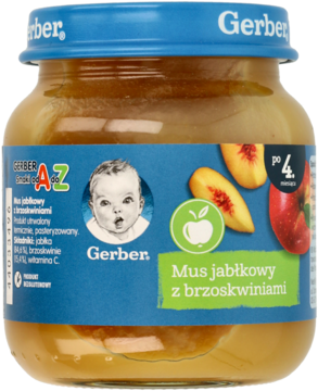 Gerber Mus jabłkowy z brzoskwiniami w szklanym słoiku, z niebieską nakrętką, dla niemowląt po 4 miesiącu.