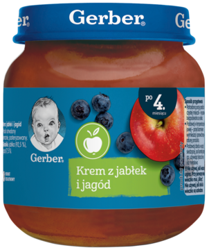 Gerber słoiczek z kremem z jabłek i jagód, niebieska etykieta z owocami, dla niemowląt po 4. miesiącu.