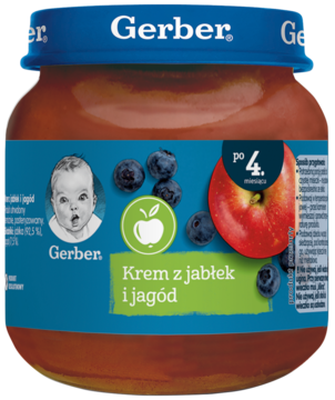 Gerber słoiczek z kremem z jabłek i jagód, niebieska etykieta z owocami, dla niemowląt po 4. miesiącu.