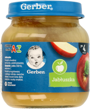 Szklany słoiczek Gerber Jabłuszka, deserek dla niemowląt od 4 miesiąca, z niebieską nakrętką i etykietą z jabłkiem.