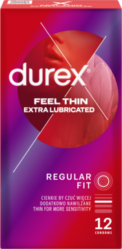 Pudełko prezerwatyw Durex Feel Thin Extra Lubricated, 12 sztuk, w odcieniach czerwieni i fioletu, widok z przodu.