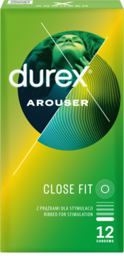 Pionowe zielono-żółte pudełko prezerwatyw Durex Arouser, 12 sztuk, z grafiką kobiety, prążkowane, widok z przodu.