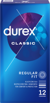 Niebieskie opakowanie prezerwatyw Durex Classic Regular Fit, 12 szt., widok z przodu z białymi napisami.