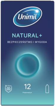 Unimil Natural+ prezerwatywy, opakowanie 12 sztuk, granatowo-turkusowy gradient, z logo i świecącym okręgiem.