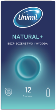 Unimil Natural+ prezerwatywy, opakowanie 12 sztuk, granatowo-turkusowy gradient, z logo i świecącym okręgiem.