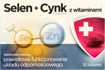 Opakowanie suplementu Selen + Cynk z witaminami, wspierającego odporność, w niebiesko-żółtych barwach z symbolami.