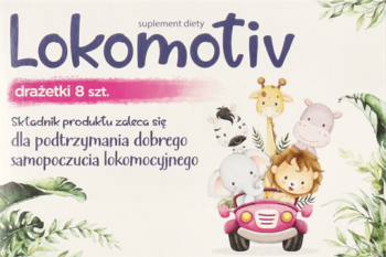 Pudełko Lokomotiv drażetki 8 szt., suplement diety na chorobę lokomocyjną, z grafiką zwierząt jadących autem.