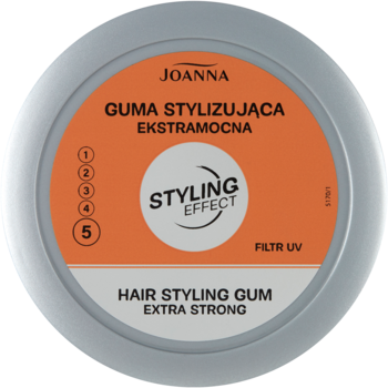 Okrągła, szara puszka Joanna Gumy Stylizującej Extra Strong, pomarańczowa etykieta z efektem Styling Effect.