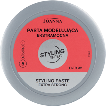 Joanna Pasta Modelująca Ekstramocna Styling Effect w okrągłym szarym słoiku, widok z góry, z siłą utrwalenia 5/5.