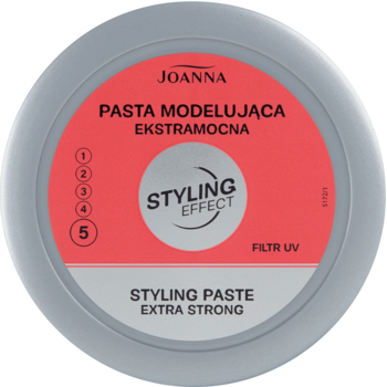Joanna Pasta Modelująca Ekstramocna Styling Effect w okrągłym szarym słoiku, widok z góry, z siłą utrwalenia 5/5.
