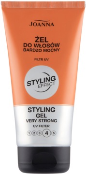 Pomarańczowo-srebrna tuba Joanna Żel do włosów bardzo mocny, filtr UV, widok z przodu. Moc utrwalenia 4/5.