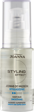 Przednia część butelki Joanna Styling Effect Jedwab do włosów wygładzenie, przezroczysta butelka z pompką.