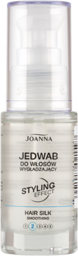 Widok z przodu: Joanna Jedwab do włosów wygładzający Styling Effect Hair Silk Smoothing, w przezroczystej butelce z pompką.